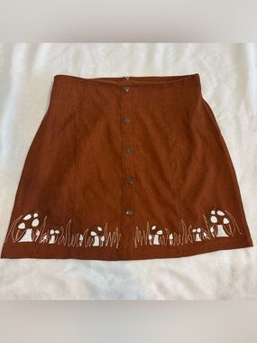 Mushroom Skirt M Corduroy Brown With Embroidered Mushrooms Button Hippy Nature